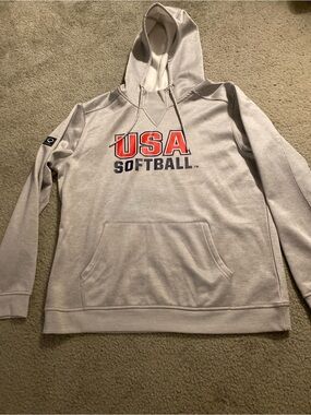 USA Softball Hoodie with Front Pocket - Gray with Red/Navy Logo
